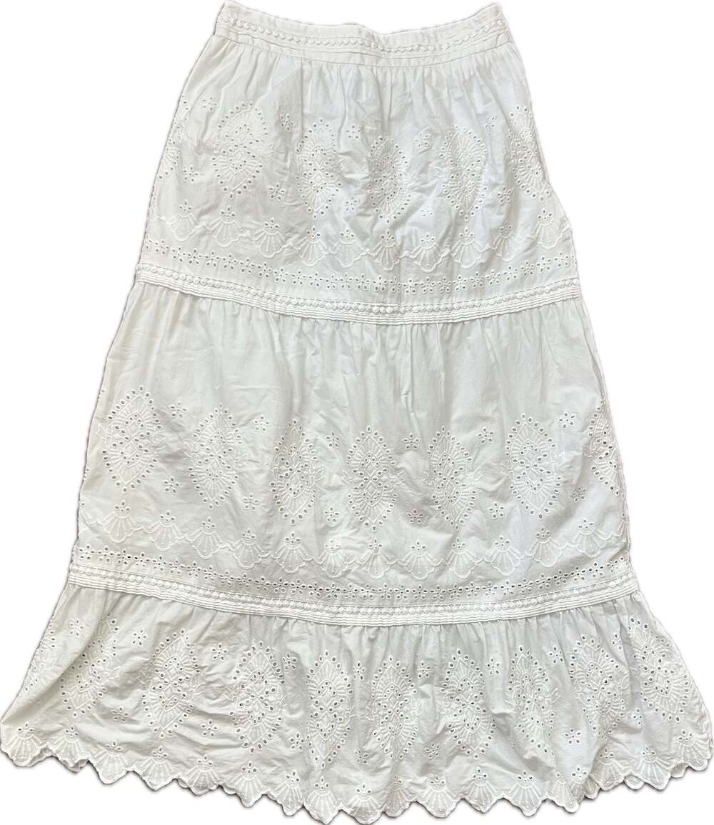 Jason Wu White Tiered Eyelet Cotton Midi Skirt w Scalloped Hem Doen Cottagecore